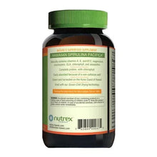 Spirulina supplement bottle back panel with ingredient details and barcode area