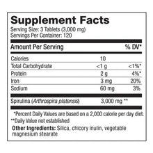 Supplement Facts label showing spirulina 3,000 mg per 3 tablets serving