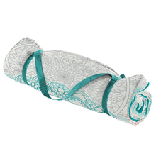Memory foam rollout lounger folded with carry straps, teal and coral mandala fabric