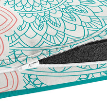 Memory foam lounger cover with zipper closure along teal-edged border, mandala print