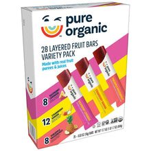 Fruit bar variety pack box, 28 layered fruit bars, made with fruit purees and juices