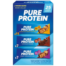 Protein bars variety pack box, 25 count with chocolate flavor panels