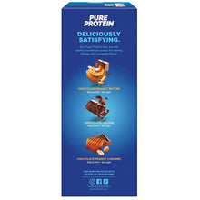 Pure Protein variety box side panel with chocolate peanut butter, deluxe, caramel flavors