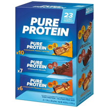 Pure Protein 23-count variety box, chocolate peanut butter, deluxe, and caramel bars
