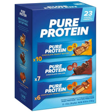 Pure Protein 23-count variety box showing Chocolate Peanut Butter, Deluxe, Caramel