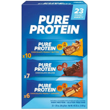 23-count Pure Protein variety box with three chocolate bar flavors
