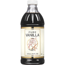 Vanilla extract bottle with white label reading Pure Vanilla Extract, 16 fl oz