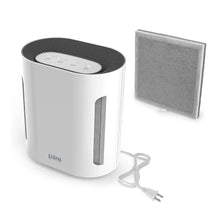 Air purifier with white body, dark top, and a gray replacement filter panel