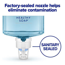 Foam soap refill with factory-sealed nozzle and sanitary seal indicator
