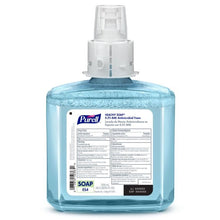 Blue foam soap refill bottle with pump top and label side view