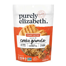 Peanut butter cookie granola bag with white top, orange band, and oat clusters