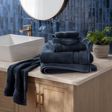 Dark blue Egyptian cotton towel set, 6-piece stack of folded bath towels