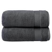 Dark gray towel set with two folded towels and matching ribbed bands