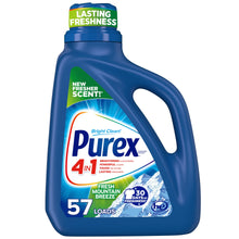 Liquid laundry detergent bottle with blue cap and handle, Fresh Mountain Breeze label