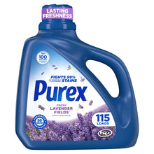 Purex liquid detergent bottle, blue with lavender fields label and carry handle.