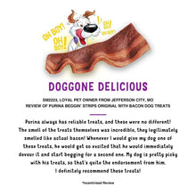 Bacon-flavored dog treat strips, two curled strips in brown and orange tones.