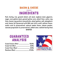 Bacon & cheese ingredients and guaranteed analysis label for Purina Beggin' Strips