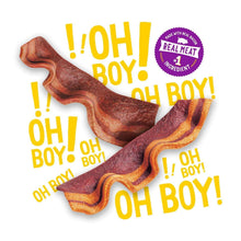 Bacon strip dog treats graphic in reddish-brown with yellow accent text