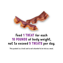 Bacon-style dog treat strips, two wavy pieces with ridged texture.