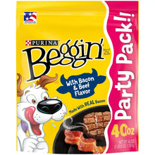 Purina Beggin' Strips dog treat pouch with bacon & beef flavor; 40 oz size shown.