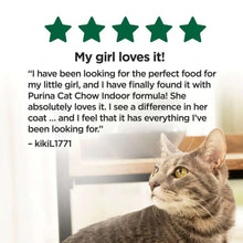Purina Cat Chow Indoor customer review with 5-star rating and cat portrait.