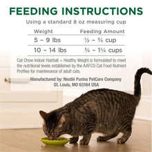 Purina Cat Chow Indoor feeding instructions chart with weight and cup amounts.