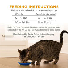 Feeding instructions chart for dry cat food: 5–14 lb and cup amounts