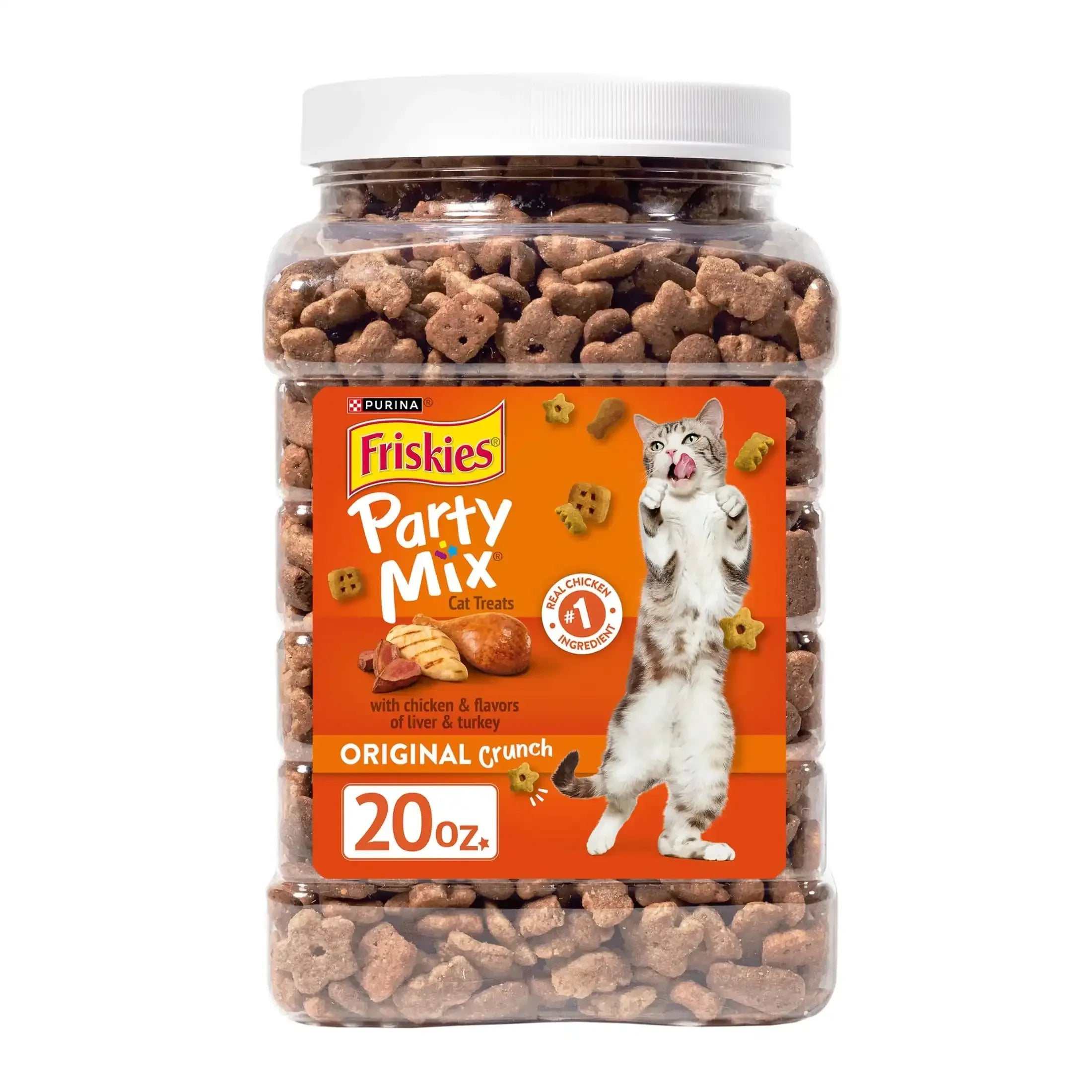 Purina Friskies Party Mix Original Crunch, Cat Treats, Chicken, Liver, & Turkey, 20 oz Canister - USA MEGA SHOP