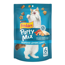 Cat treat pouch with white cat graphic and blue Seafood Lovers Crunch, 6 oz