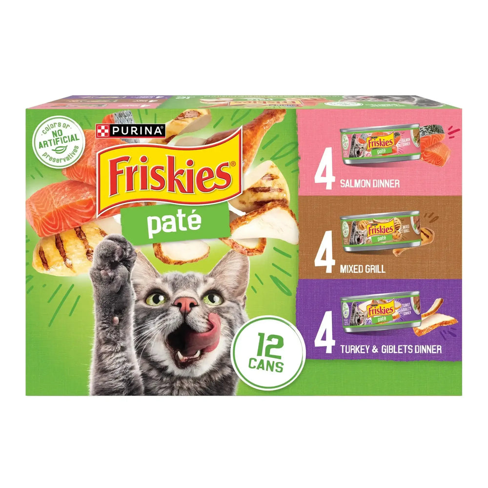Purina Friskies Pate Salmon, Turkey, and Mixed Grilled, Wet Cat Food, 5.5 oz Can, 12 Pack - USA MEGA SHOP