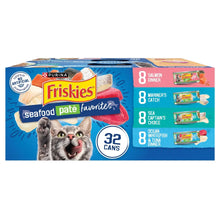 Wet cat food variety pack box, Purina Friskies seafood pâté favorites, 32 cans