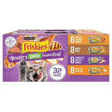 Cat wet food pate variety pack box with 32 cans, poultry pate favorites assortment.
