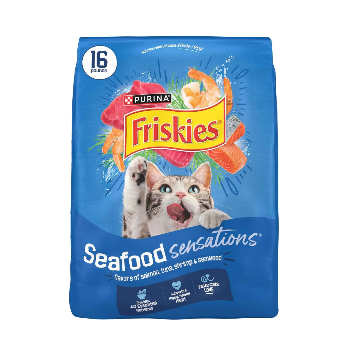 Purina Friskies Dry Cat Food Seafood Sensations with Salmon, Tuna, and Shrimp Flavors, 16 lb Bag - USA MEGA SHOP