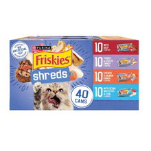 Purina Friskies shreds wet cat food variety pack box with 40 cans