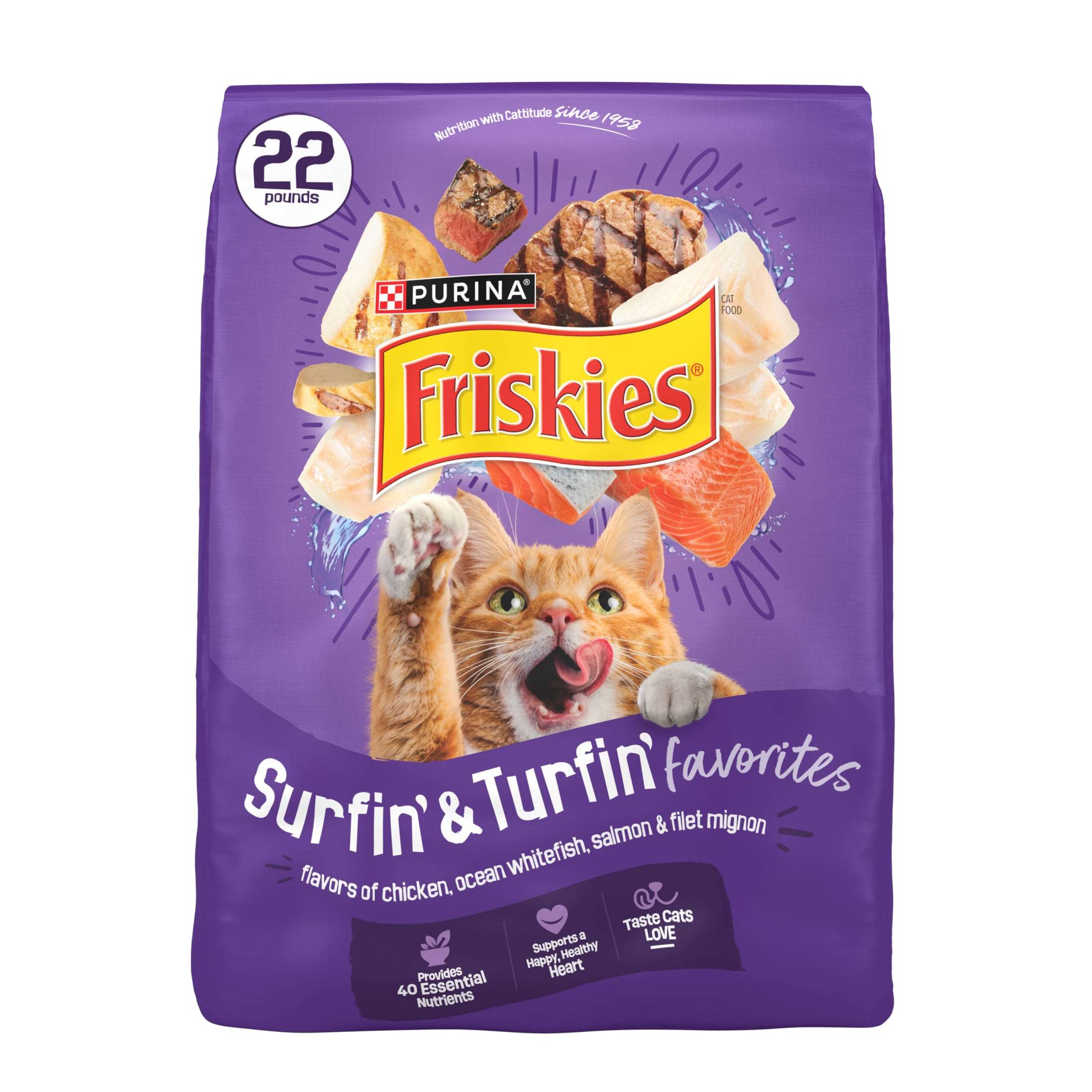 Purina Friskies Surfin and Turfin Favorites Dry Cat Food Flavors of Chicken, Whitefish, Salmon and Filet Mignon, 16 lb Bag