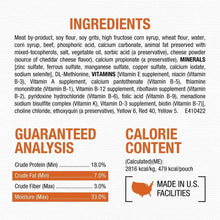 Dog food ingredients and guaranteed analysis label with calorie content