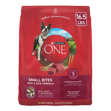 Purina ONE small bites dog food bag, 16.5 lb, beef & rice, red packaging