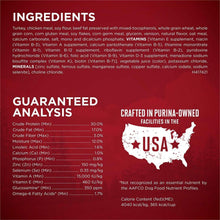 Guaranteed analysis and ingredient list panel with USA crafted stamp for dog food.