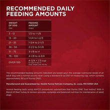 Recommended daily feeding amounts chart for adult dogs with weight-based cup table.