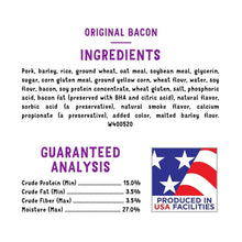 Dog biscuit package panel with Original Bacon ingredients and "Produced in USA facilities" badge.