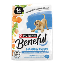Purina Beneful Healthy Puppy dry dog food bag, 14 lb, with chicken recipe and puppy graphic