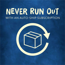 Dog chew treats subscription graphic with open-box icon: never run out