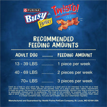 Dog chew treats feeding guide graphic with weekly amounts for adult dogs