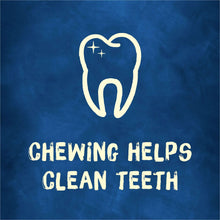 Dog chew treats graphic: chewing helps clean teeth, bone icon