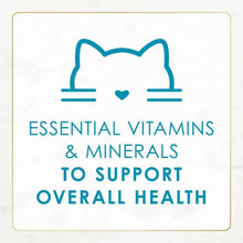 Cat wet food label reading essential vitamins & minerals to support overall health with heart cat icon
