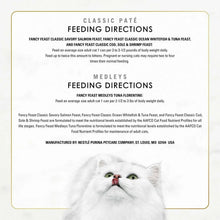 Cat wet food feeding directions panel for classic pate servings and medleys feeding instructions