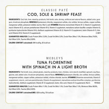 Cat wet food label: classic pate cod, sole & shrimp feast plus medleys tuna florentine with spinach