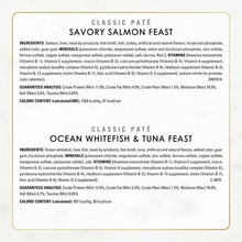 Cat wet food label listing ingredients and nutrition facts for classic pate savory salmon feast