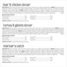 Food label nutrition panel for liver and chicken dinner, plus turkey and giblets