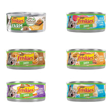 Assorted Friskies pate cat food cans variety pack, six can labels
